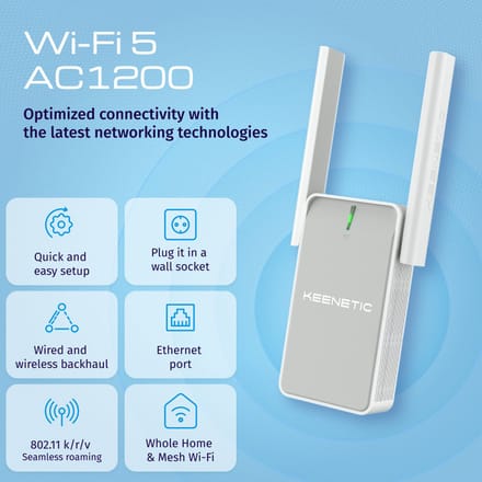 KEENETIC - Buddy 5 - (KN-3311) - AC1200 - Wi-Fi Extender - Mesh - 1 poort - 100 Mbit/s,