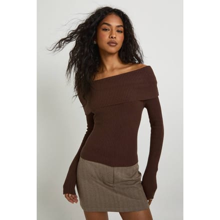 boohoo Dames Ribgebreide Extreme Bardot Trui | Chocolate | Maat: Large