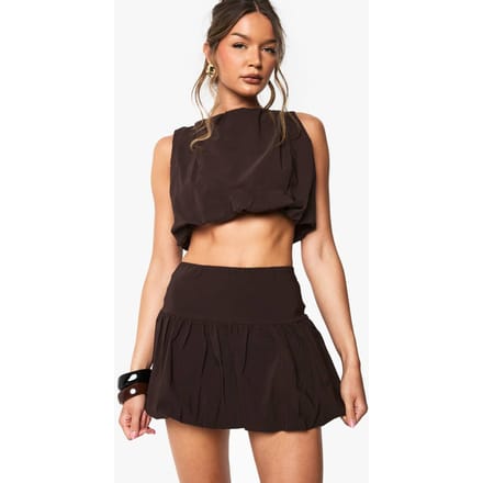 boohoo Dames Bengaline Ruched Puffball Top | Chocoladebruin | Maat: 42