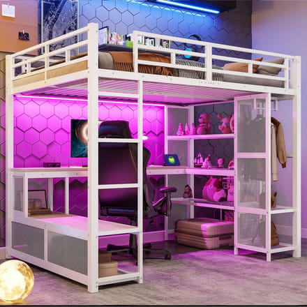 Sweiko Hoogslaper - 140 x 200 cm - Metalen frame - Met bureau - Opbergruimte - USB-aansluiting - LED-verlichting - Wit