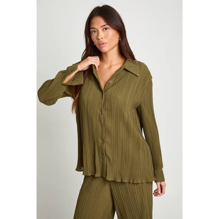 boohoo Dames Plisse Oversized Shirt | Olive | Maat: 6