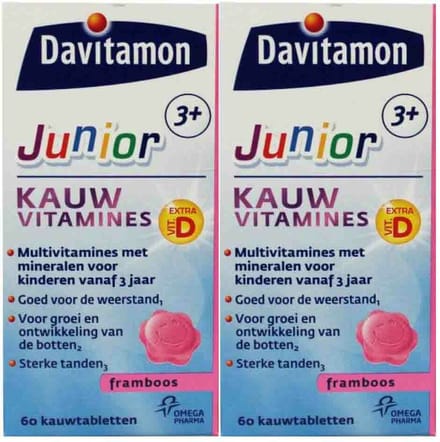 Davitamon - Junior 3+ Kauwvitamines Framboos - 2 x 60 kauwtabletten - Voordeelverpakking