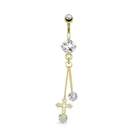 Navelpiercing kruis met lange hanger CZ steen - goud - LMPiercings