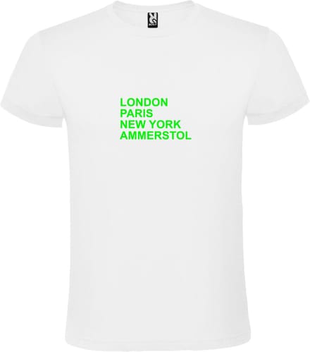 Wit T-Shirt met “ LONDON, PARIS, NEW YORK, AMMERSTOL “ Afbeelding Neon Groen Size S