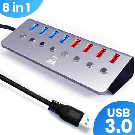 Good2know USB hub 3.0 – USB splitter – 8 poorten – 5 Gbps – Led indicator – Aan/Uit knop – 100CM Kabel – Aluminium Behuizing