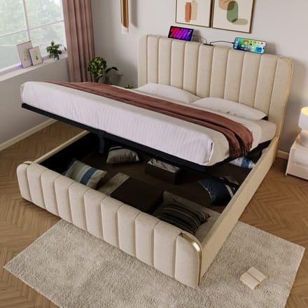 MODFU Gestoffeerd Opbergbed – 180x200 cm – USB-C & Hydraulisch – Linnen – Beige