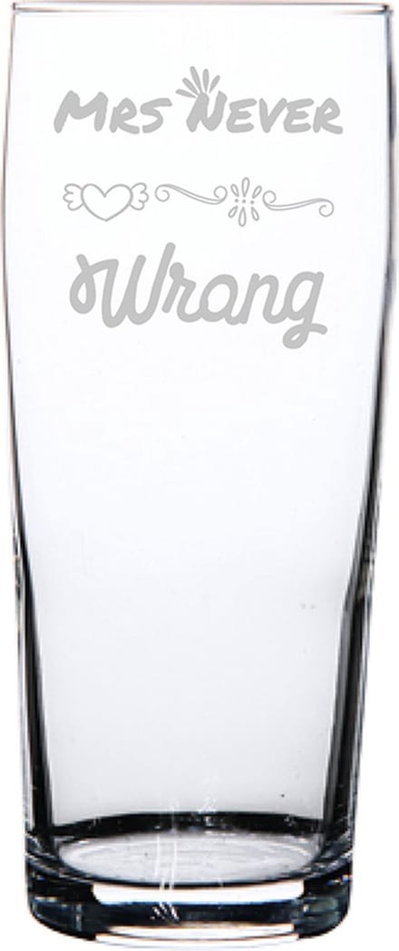 Gegraveerde bierfluitje 19cl Mrs. Never wrong