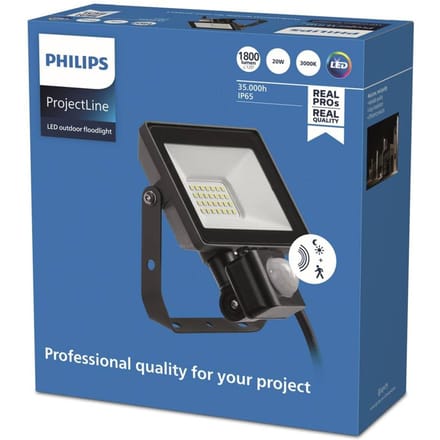 Philips Breedstraler Projectline - Zwart - 20w - 1800lm - Warm Wit - Ip65 - Met Bewegingssensor