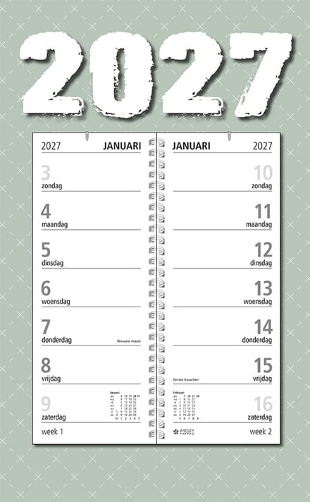 MGPcards - Omlegweekkalender 2027 - Week begint op zondag - 21 x 34 cm - Groen