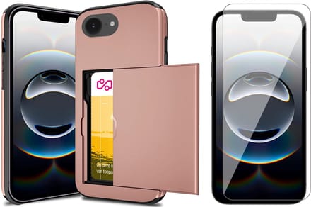 Hoesje met Pasjeshouder geschikt voor iPhone 16e - Screen Protector GlassGuard - Back Cover SlideCase Roségoud & Screenprotector