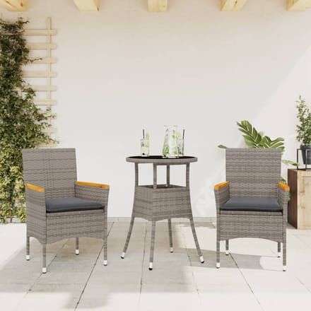vidaXL - 3-delige - Tuinset - met - kussens - poly - rattan - en - glas - grijs