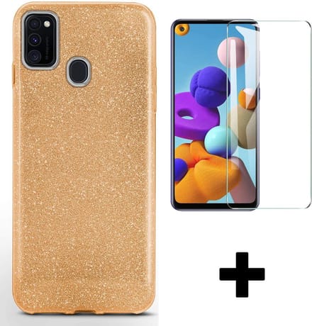 HB Hoesje Geschikt voor Samsung Galaxy A20S - Goud - Glitter Back Cover + Tempered Glazen Screenprotector