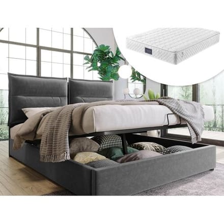 Merax Opbergbed met opbergruimte 140 x 200 cm - fluweel - lattenbodem - grijs + matras