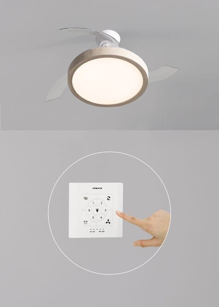 CREATE - Plafondventilator 40W stil met intrekbare bladen en LED-licht, verschillende maten - M - Met licht - Controller voor wandmontage - WIND CLEAR STUDIO