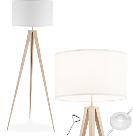 tectake® Vloerlamp - Staande lamp 3-poot - 158 cm hoog - Linnenlook kap - Voetschakelaar - Eiken/wit