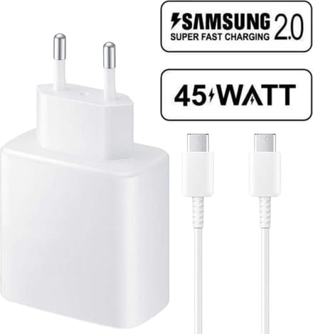 Usb-C Oplaadstekker + usb-C naar usb-C Oplader - 45w - Super Fast Charging - Universele Thuislader - Usb-C - Adapter voor S24,S23,Note,S22, S21, S20, Tablet S7, Tablet S8