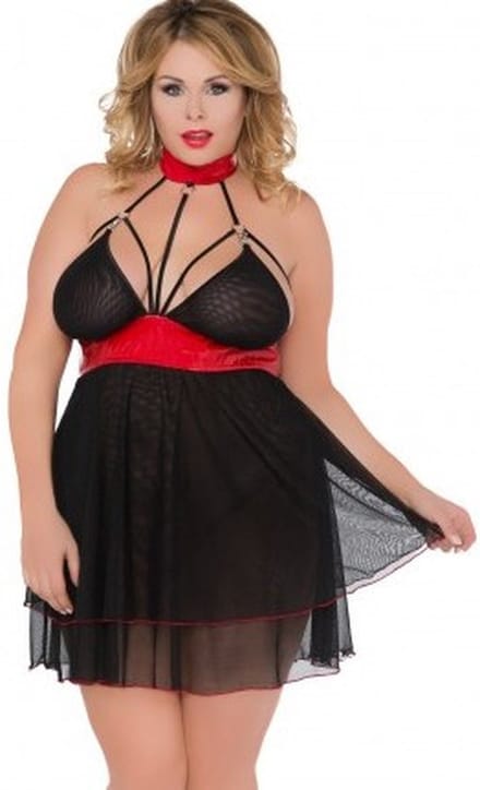 Andalea mooie babydoll- zwart/rood- grote maten 54/56