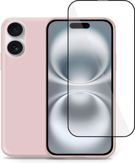 Hoesje + Screenprotector geschikt voor Apple iPhone 16 Plus – Full Screen Tempered Glass - Liquid Back Case Cover Rose