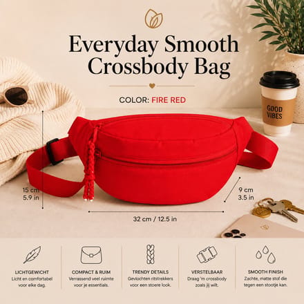 Everyday Smooth Crossbody Bag – Rood - Verstelbaar Schouder- & Heuptasje – Dames - Festivals + Reizen