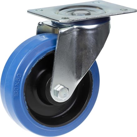 Draaibare wiel van 125 mm met blauw elastisch rubber op een nylon middenwiel