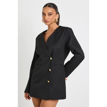 boohoo Dames Gouden Knop Getailleerde Diepe V-hals Blazer Jurk | Zwart | Maat: 38