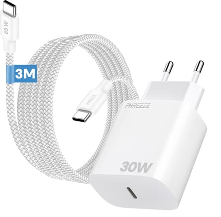 30w oplader met usb C poort met usb C kabel 3 meter gevlochten wit