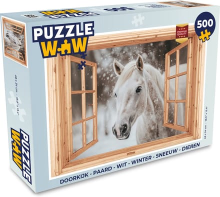 Puzzel Doorkijk - Paard - Wit - Winter - Sneeuw - Dieren - Legpuzzel - Puzzel 500 stukjes