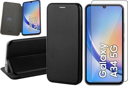 Hoesje geschikt voor Samsung Galaxy A34 - Screen Protector GlassGuard - Book Case Kunstleer ThinShield Zwart & Screenprotector