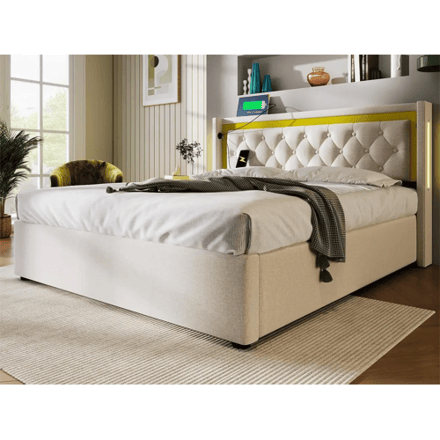 Merax Gestoffeerd opbergbed - 140 x 200 cm - met USB Type C stopcontact en LED's - lattenbodem - kleur beige