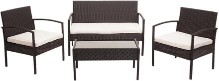 Poly-rattan set MCW-F56, balkon/tuin/lounge set zitgroep ~ bruin, crèmekleurige kussens