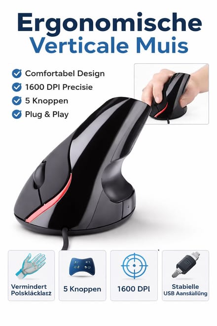 Verticale Ergonomische Muis – USB – 1600 DPI – 5 Knoppen – Anti Polsbelasting – Comfort Office Muis – Grijs