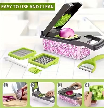 Multifunctionele Groentesnijder - 12-in-1 Mandoline & Hakker - Met Opvangbak - Grijs/Groen