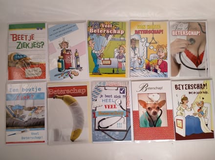 5 Beterschap Wenskaarten - Dubbele kaarten met enveloppen - 16x11cm - humor/man