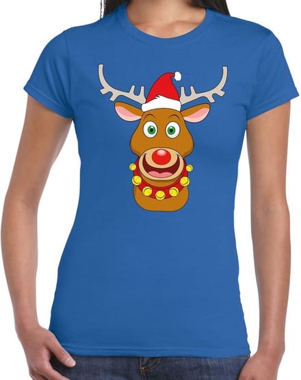 Foute Kerst t-shirt - met rendier Rudolf - rode muts - blauw - voor dames - kersttruien - kerstdiner kleding L