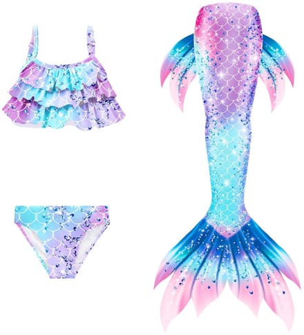 Zeemeerminnenstaart met Bikini Set - Paars Blauw Roze - 7-8 jaar