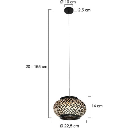 Nox Light 4538ZW – compacte hanglamp van bamboe en metaal, hoogte verstelbaar van 50 tot 135 cm, Steinhauer