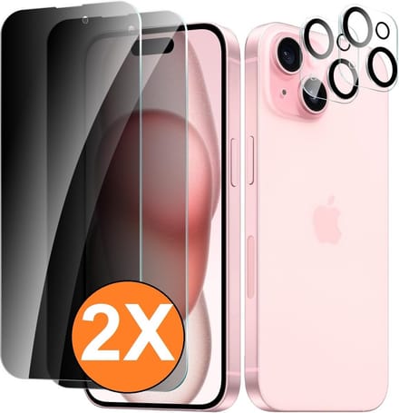 Privacy screenprotector Geschikt voor iPhone 15 Plus screenprotector Privacy Met iPhone 15 Plus camera lens - Complete bescherming voor iPhone 15 Plus scherm en camera in één set - 2X