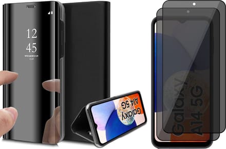 Hoesje geschikt voor Samsung Galaxy A14 - 2x Privacy Screen Protector FullGuard - Book Case Spiegel Zwart & Screenprotector
