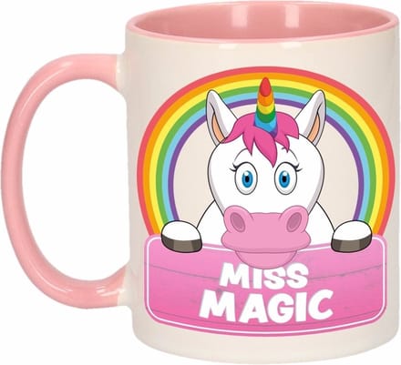 Miss Magic mok - roze/wit - keramiek - 300 ml - kinder beker eenhoorn