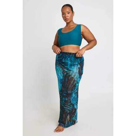 boohoo Dames Plus Maat Abstracte Print Mesh Maxi Strandrok | Blauw | Maat: 48
