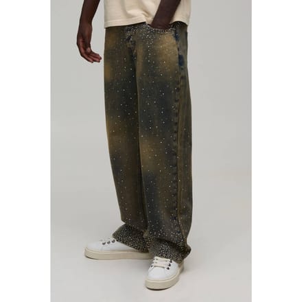 Clustered Rhinestone Tinted Relaxed Fit Jeans | Antique Blue | Size 44
