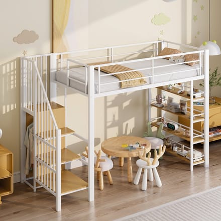 MODFU Bedframe 90x200 cm – wit metaal – hoogbed met trap, bergruimte en kledingkast