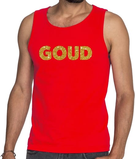 Bellatio Decorations feest tanktop voor heren goud - glitter tekst - foute party/carnaval - rood M