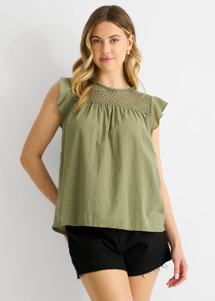 Kaki gehaakte viscose top met losse pasvorm