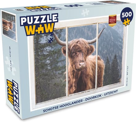 Puzzel Schotse hooglander - Doorkijk - Uitzicht - Legpuzzel - Puzzel 500 stukjes