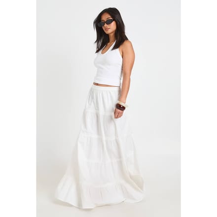 boohoo Dames Petite Gelaagde Katoenen Popeline Maxi Rok | Wit | Maat: 44