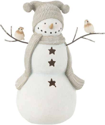 J-Line figuur Sneeuwman vogels - polyresin - wit/grijs - small