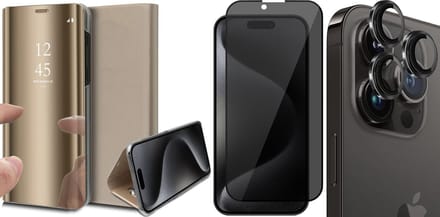 Hoesje geschikt voor iPhone 15 Pro Max - Privacy Screenprotector FullGuard & Camera Lens Screen Protector Zwart - Book Case Spiegel Goud