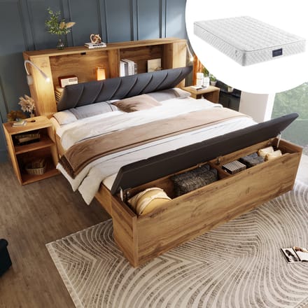 MODFU Bedframe 160x200 cm van hout – eikenkleur – met opbergruimte, USB-leeslampen en matras – compleet pakket