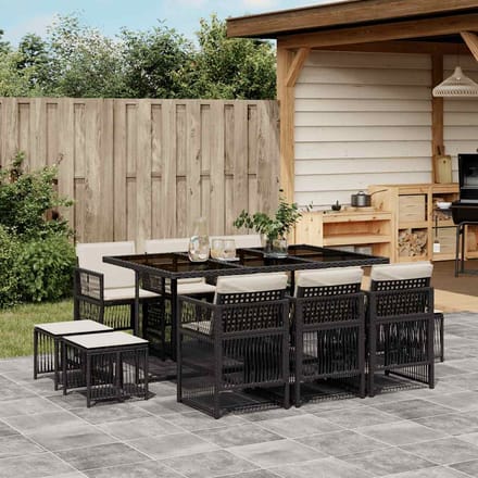 vidaXL - 11-delige - Tuinset - met - kussens - poly - rattan - zwart